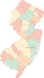 Multi Color New Jersey Map with Counties and County Names