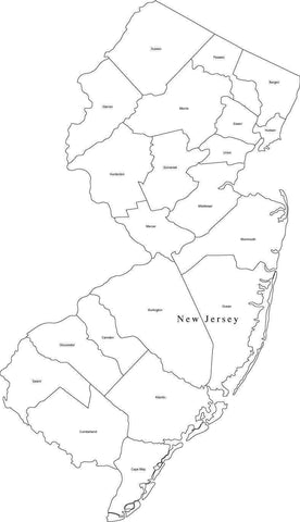 Digital NJ Map with Counties - Black & White