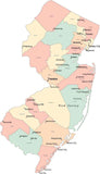 Multi Color New Jersey Map with Counties, Capitals, and Major Cities