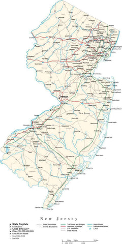 New Jersey Map - Cut Out Style - with Capital, County Boundaries, Cities, Roads, and Water Features