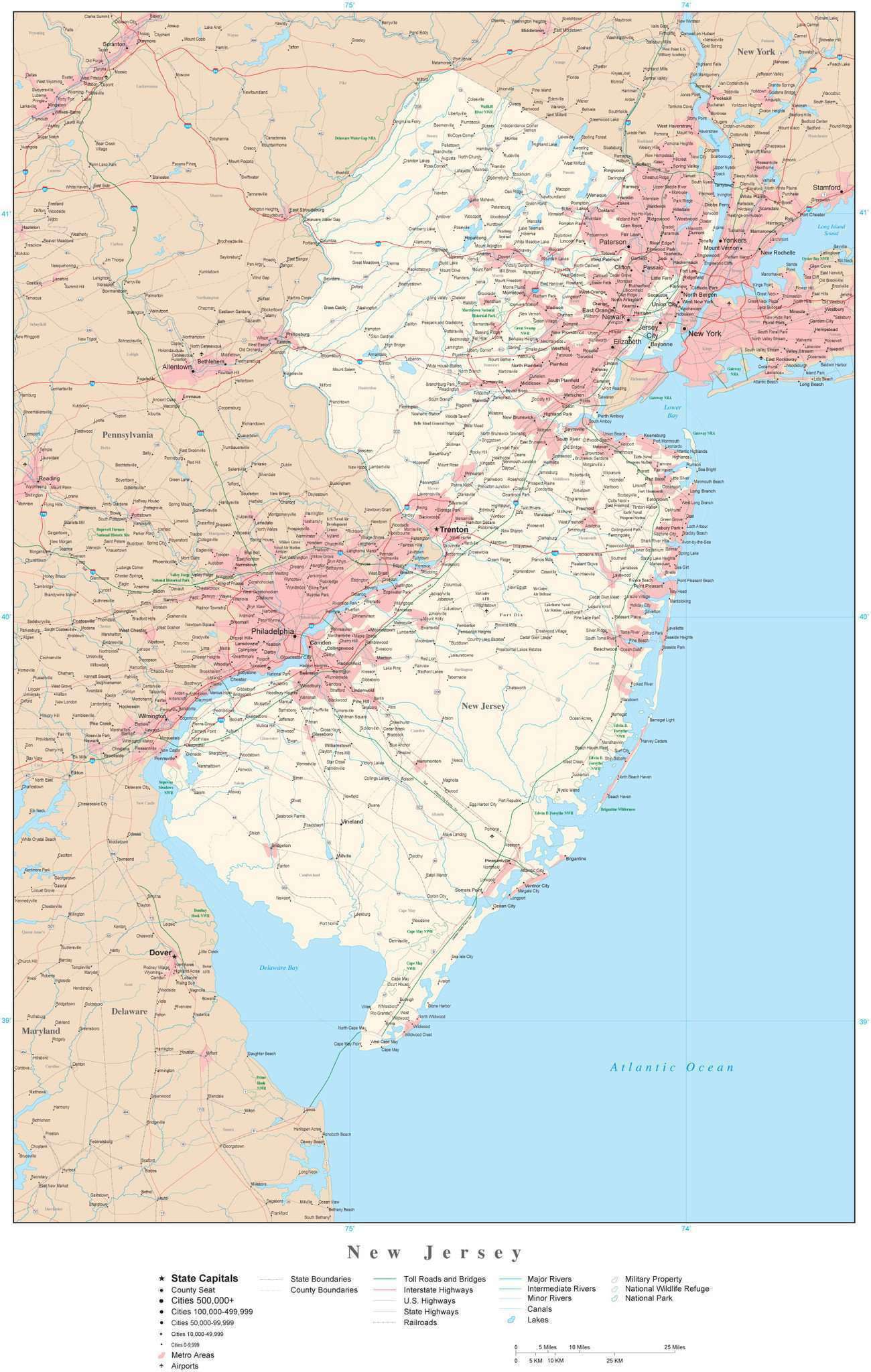 Us Map Nj New Jersey Detailed Map in Adobe Illustrator vector format. Detailed ...