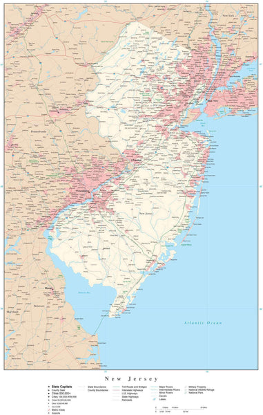 New Jersey Detailed Map in Adobe Illustrator vector format. Detailed ...