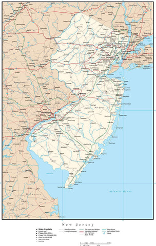 New Jersey Map with Capital, County Boundaries, Cities, Roads, and Water Features