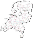 Netherlands Black & White Map with Capital, Major Cities, Roads, and Water Features