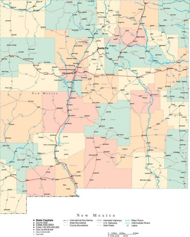 New Mexico State Map - Multi-Color Cut-Out Style - with Counties, Cities, County Seats, Major Roads, Rivers and Lakes