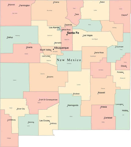 Multi Color New Mexico Map with Counties, Capitals, and Major Cities