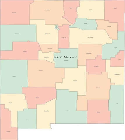Multi Color New Mexico Map with Counties and County Names