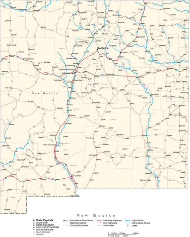 New Mexico Map - Cut Out Style - with Capital, County Boundaries, Cities, Roads, and Water Features