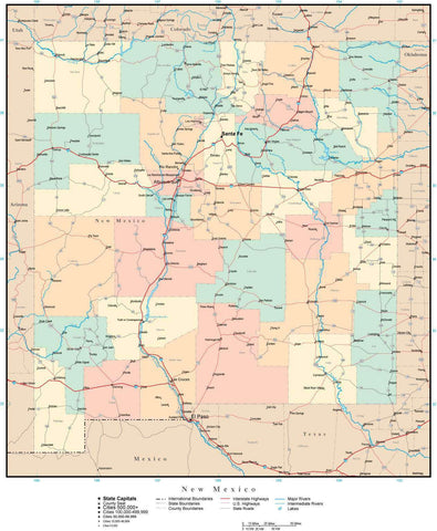 New Mexico Map with Counties, Cities, County Seats, Major Roads, Rivers and Lakes
