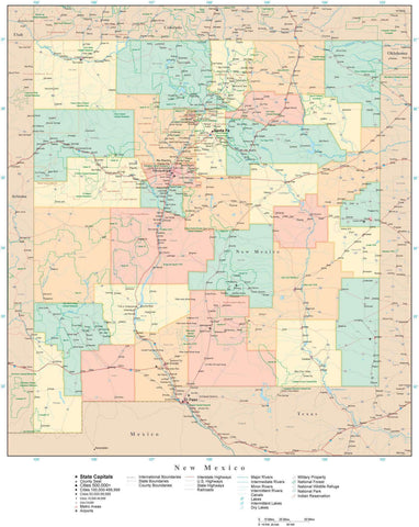 Detailed New Mexico Digital Map with Counties, Cities, Highways, Railroads, Airports, and more