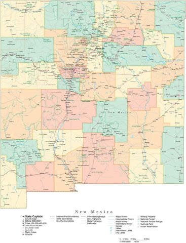 Detailed New Mexico Cut-Out Style Digital Map with Counties, Cities, Highways, and more
