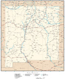 New Mexico Map with Capital, County Boundaries, Cities, Roads, and Water Features