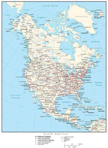 North America Map with Countries, Capitals, Cities, Roads and Water Features
