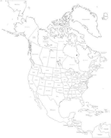Black & White North America Map with US States & Canadian Provinces