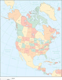 Digital North America Map with US States & Canadian Provinces - Multi-Color