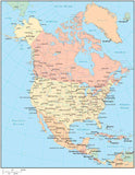 Multi Color North America Map with US States, Canadian Provinces, Major Cities & Water Features