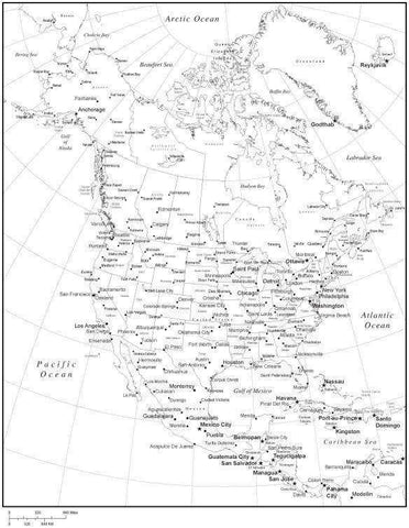 Black & White North America Map with US States, Canadian Provinces, Capitals and Major Cities