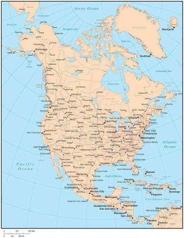 Single Color North America Map with US States, Canadian Provinces, Major Cities & Water Features