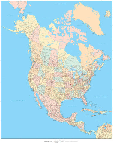 Poster Size North America Map with US States and Canada Provinces
