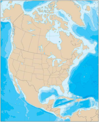 North America Map with Political Boundaries and Contours in the Water
