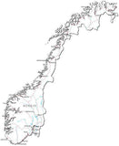 Norway Black & White Map with Capital, Major Cities, Roads, and Water Features