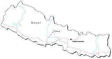 Nepal Black & White Map with Capital Major Cities and Roads