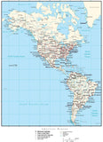 North and South Americas Map with Country Boundaries, US States, Canadian Provinces, Major Cities, Roads, Rivers and Lakes