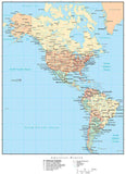 North and South Americas Map with Country Boundaries, US States, Canadian Provinces, Major Cities, Roads, Rivers and Lakes