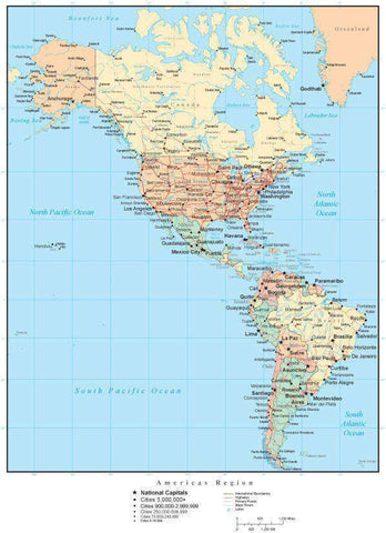 North and South Americas Map with Country Boundaries, US States, Canadian Provinces, Major Cities, Roads, Rivers and Lakes