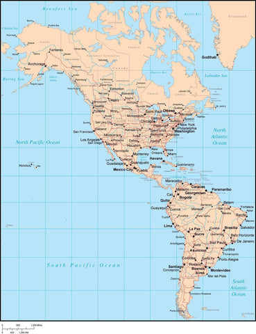 Single Color North and South America Map with Countries, Capitals, Major Cities and Water Features