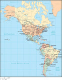 Multi Color North and South America Map with Countries, Capitals, Major Cities and Water Features