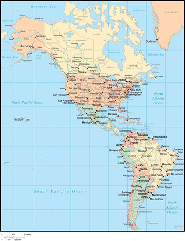 Multi Color North and South America Map with Countries, Capitals, Major Cities and Water Features