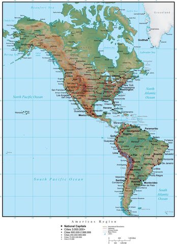 Americas Region in Adobe Illustrator vector format with Photoshop terrain image NS-AMR-952802