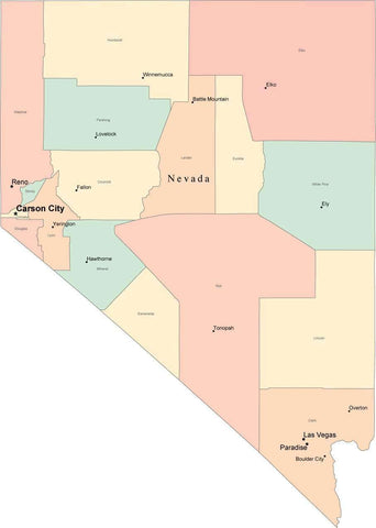 Multi Color Nevada Map with Counties, Capitals, and Major Cities