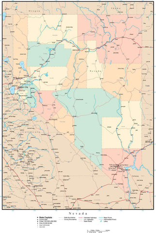 Nevada Map with Counties, Cities, County Seats, Major Roads, Rivers and Lakes