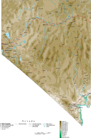 Nevada Map  with Contour Background - Cut Out Style