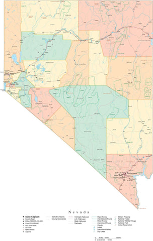 Detailed Nevada Cut-Out Style Digital Map with Counties, Cities, Highways, and more