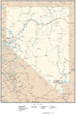 Nevada Map with Capital, County Boundaries, Cities, Roads, and Water Features