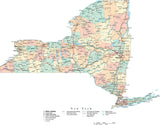New York State Map - Multi-Color Cut-Out Style - with Counties, Cities, County Seats, Major Roads, Rivers and Lakes