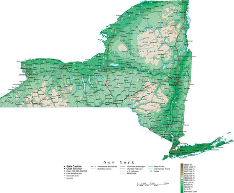 New York State Map  with Contour Background - Cut Out Style