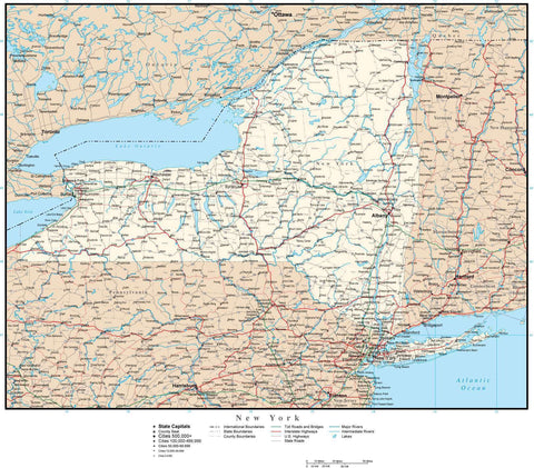 New York State Map with Capital, County Boundaries, Cities, Roads, and Water Features