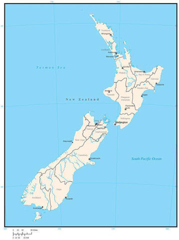 New Zealand Digital Vector Map with Region Areas and Capitals