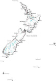 New Zealand Black & White Map with Capital, Major Cities, Roads, and Water Features