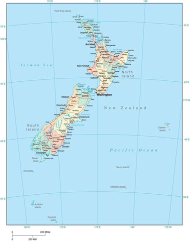 New Zealand Map with Internal Political Boundaries