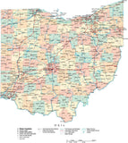 Ohio State Map - Multi-Color Cut-Out Style - with Counties, Cities, County Seats, Major Roads, Rivers and Lakes