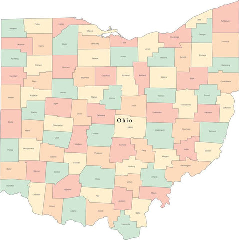 Multi Color Ohio Map with Counties and County Names