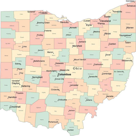 Multi Color Ohio Map with Counties, Capitals, and Major Cities