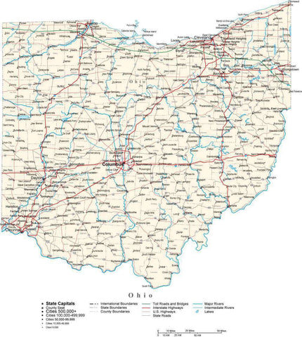 Ohio Map - Cut Out Style - with Capital, County Boundaries, Cities, Roads, and Water Features