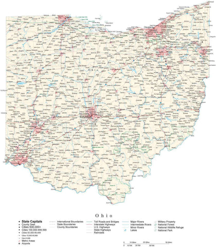 Detailed Ohio Cut-Out Style Digital Map with County Boundaries, Cities, Highways, and more