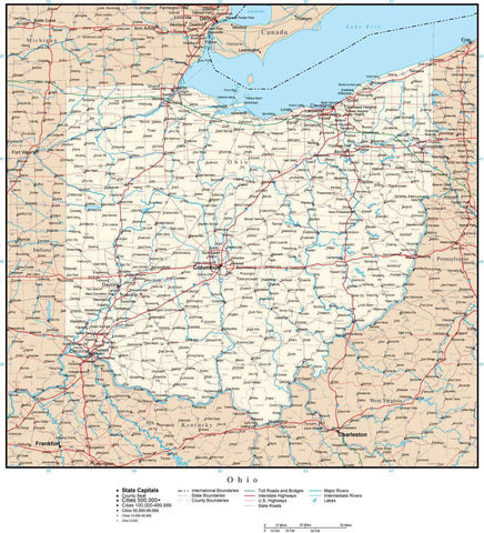 Ohio Map with Capital, County Boundaries, Cities, Roads, and Water Features